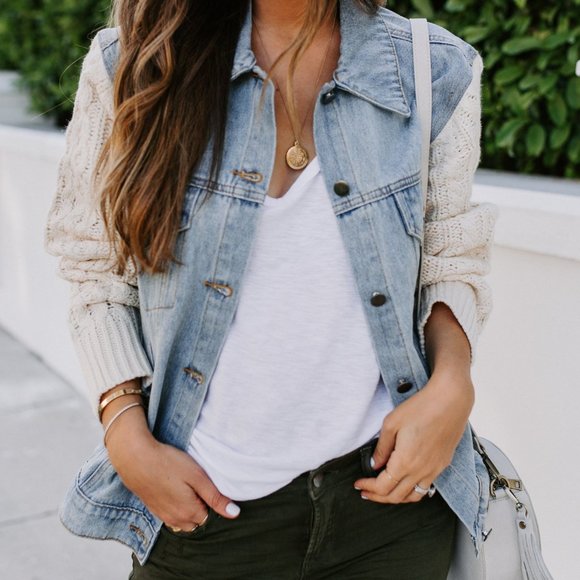 knit sleeve denim jacket